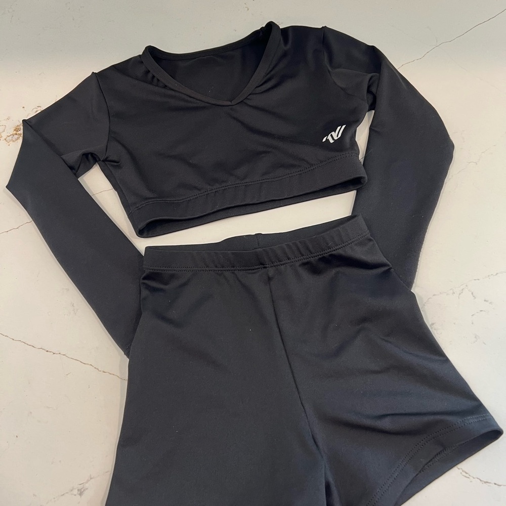 Varsity Black Long Sleeve v-neck Crop Top and High-Waist Shorts Set
